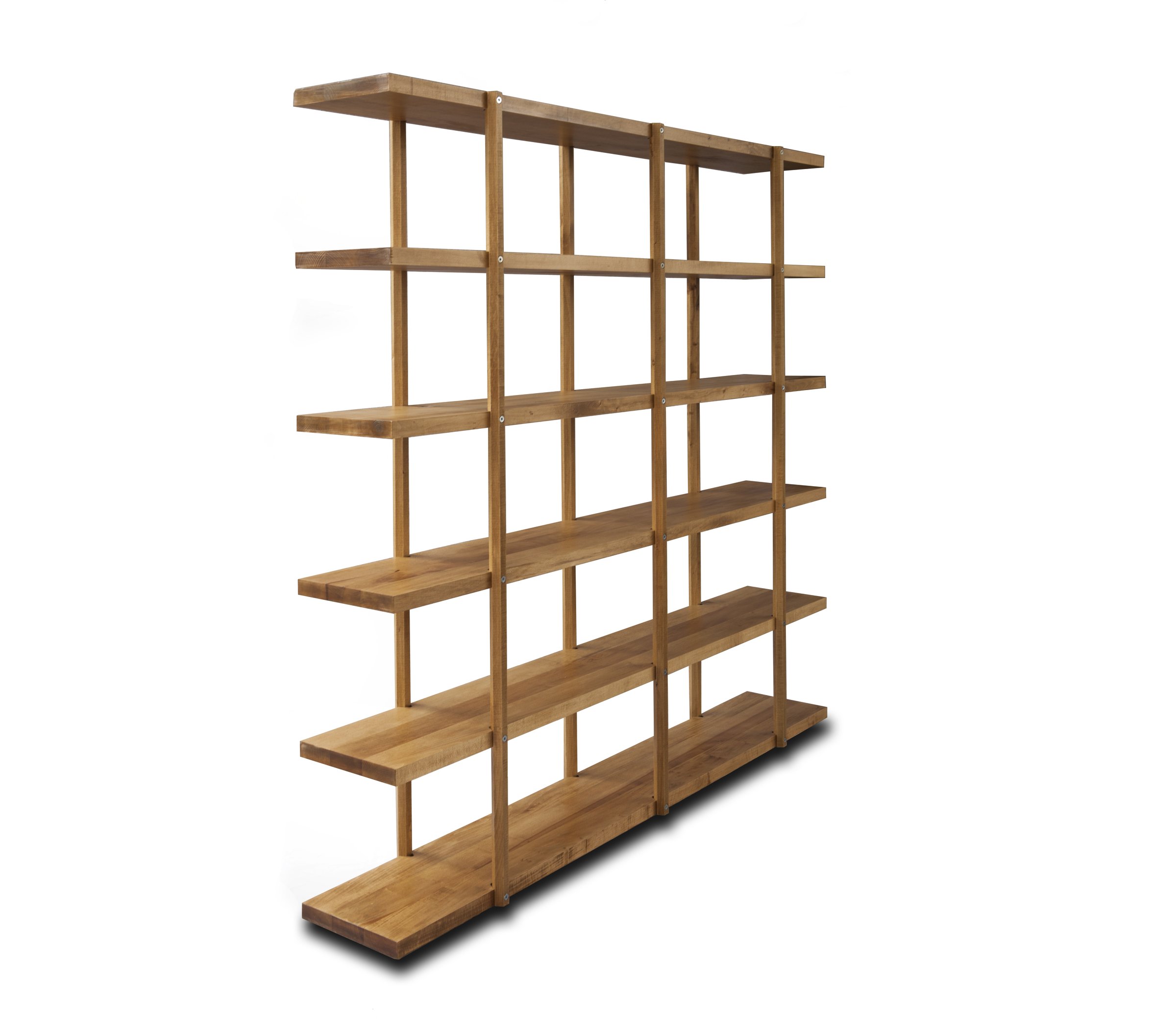 Esagono, free-standing bookcase in solid wood with exposed joints between uprights and shelves